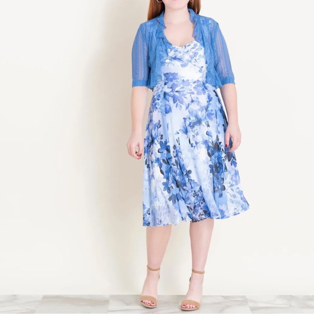 Connected Apparel Mary Periwinkle Floral Chiffon Dress with Shrug